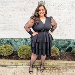 SHEIN 4XL Black Ruffle Mesh Polka Dot Sleeve Dress